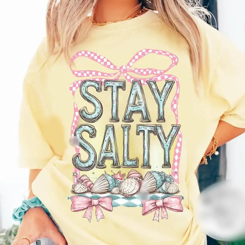 Stay Salty Seashells Coquette Bow Yellow Shirt, Summer Vibes Tee, Retro Summer Beach Shirt, Gift for Her Hoodie, Sweatshirt