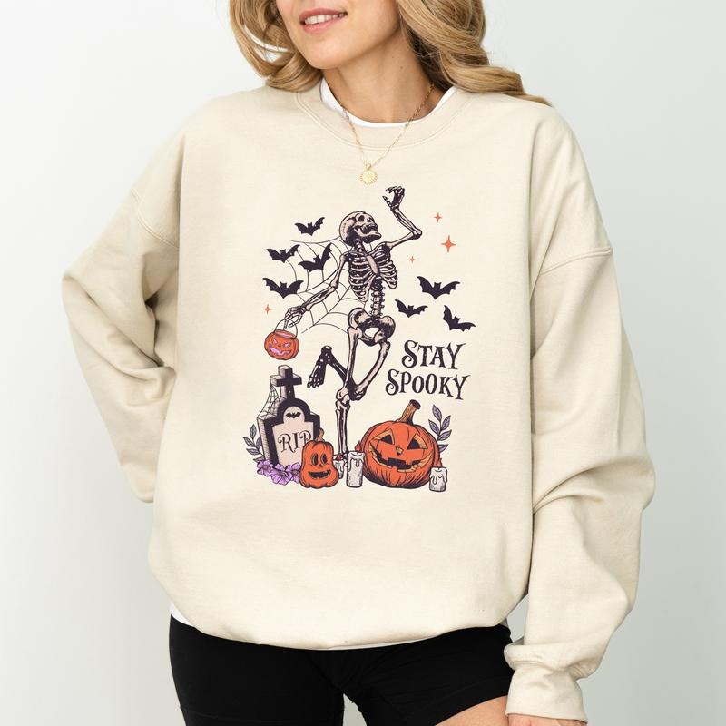 Stay Spooky Dancing Skeleton Sweatshirt, Funny Skeleton Halloween Sweatshirt, Creepy Pumpkin Skeleton Sweater, Scary...