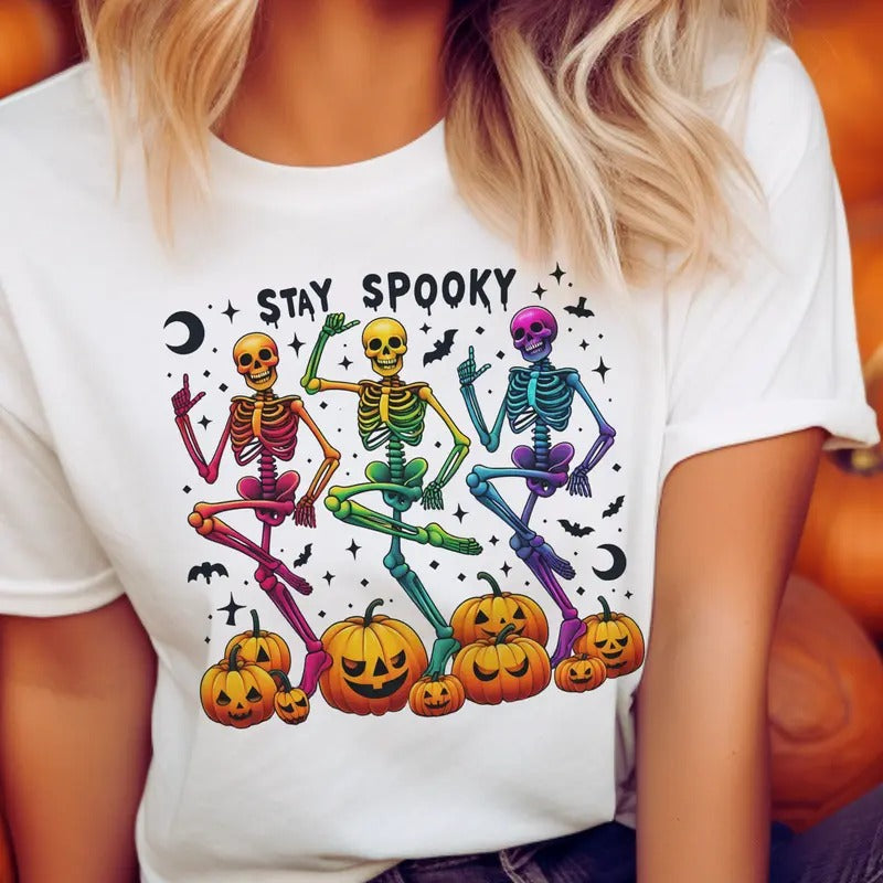 Stay Spooky Dancing Skeleton Tee Stay Spooky PUmpkins and Skeletons Tshirt Rainbow Dancing Skeleton Halloween T-Shirt Fun...