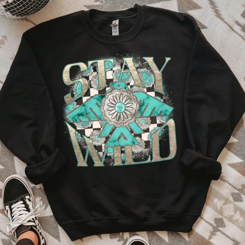 Stay Wild Crew Sweatshirt, Graphic Crewneck shirt, cowgirl outfits, western clothing, western tops outfits women, country...