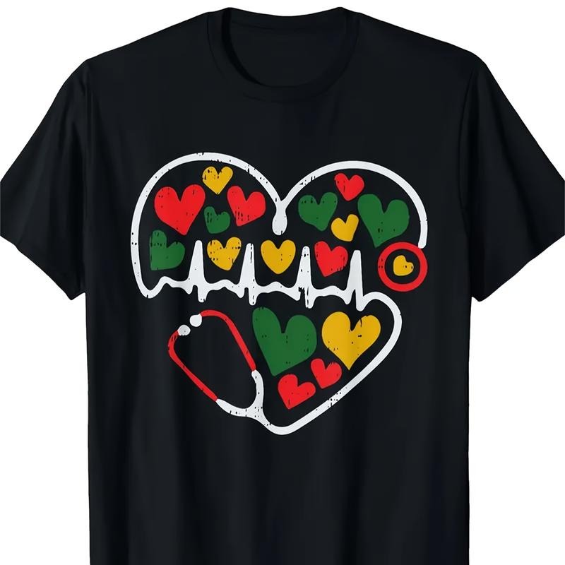 Stethoscope Heart Juneteenth Melanin Nurse African American T-Shirt 2025 Comfortable Cotton Men'S Round Neck Short...