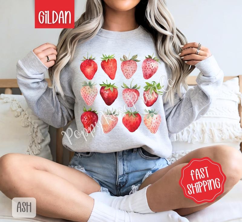 Strawberries Gildan Sweatshirt, Fruit Summer Sweater, Cute Women's Crewneck, Gift For Her T-Shirts, Hoodie | HypeCrazeTee.com