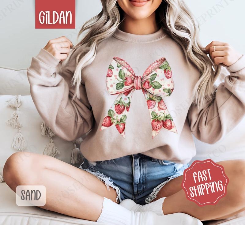 Strawberry Bow Sweatshirt, Cute Fruit Sweater, Girly Aesthetic Crewneck T-Shirts, Hoodie | HypeCrazeTee.com