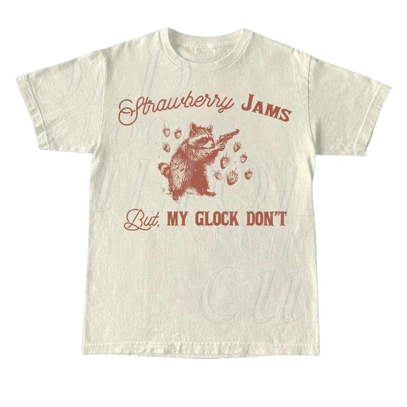 Strawberry Jams But My Glock Do Not Vintage T Shirt, Retro 90s Raccoon Shirt, Oversized Trash Panda Tee, Funny Unisex...