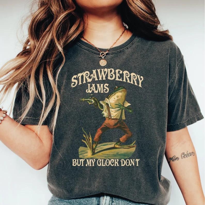 Strawberry Jams But My Glock Don't Shirt, Funny Frog Shirt, Funny Meme Sweashirt, unisex, casual crewneck, gift for him...