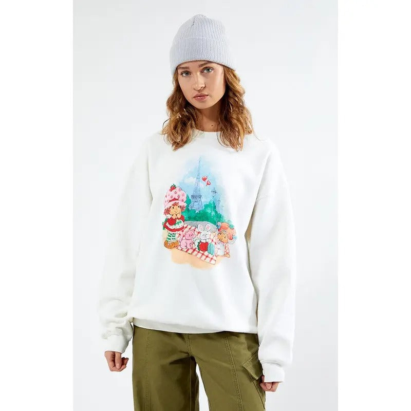 Strawberry Shortcake Women's Eiffel Tower Picnic Crew Neck Sweatshirt T-Shirts, Hoodie | HypeCrazeTee.com