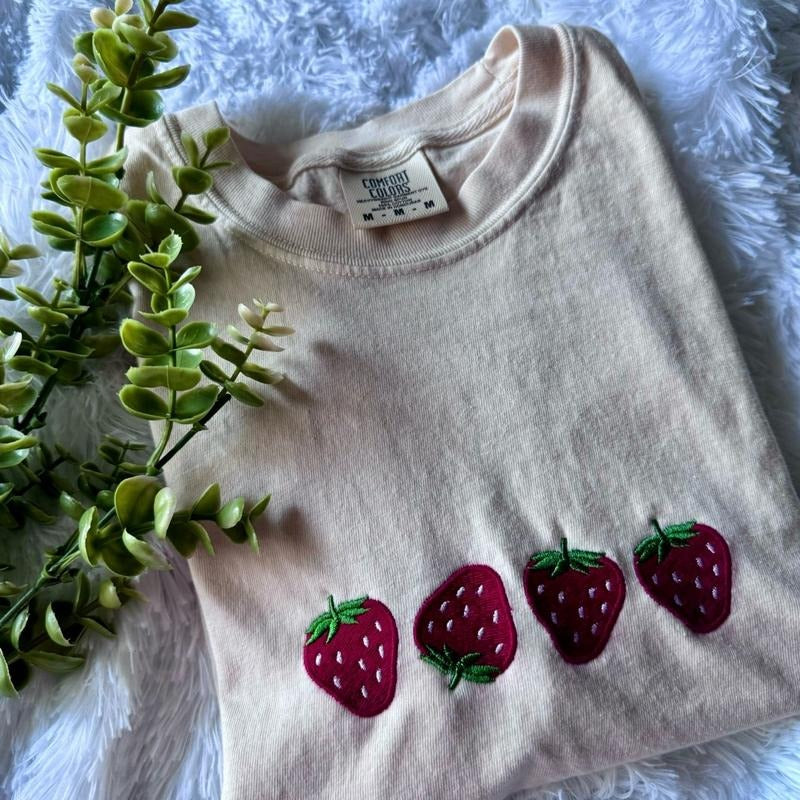 Strawberry Tshirt, Embroidered Summer Shirt, Strawberry Shirt, Oversized Beach Comfort Hoodie, Sweatshirt | HypeCrazeTee.com