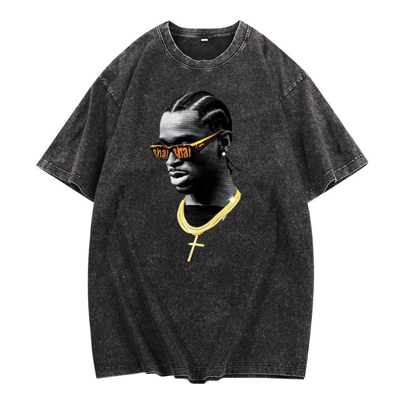 Street - Style Washed T - Shirt Featuring a Trendy Portrait with Statement Gold