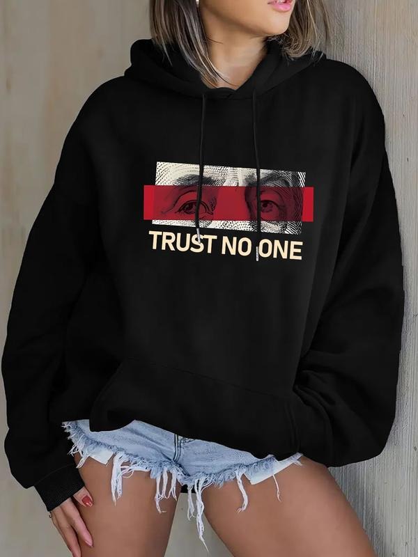 Street Style 'trust No One' Hoodie, Casual Long Sleeve Drawstring Women's Hooded Sweatshirt, Fall & Winter Fashion T-Shirts