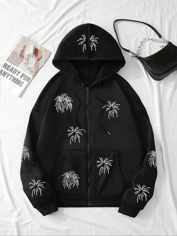 Street Style Women's Loose Hooded Sweatshirt, Full Firework Print Front, Casual Fall & Winter Fashion, Trendy Streetwear...