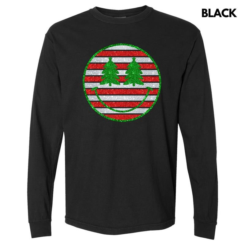 Striped Christmas FAKE Glitter Happy Face Long Sleeve Comfort Colors T-Shirt 'NLB' Hoodie, Sweatshirt | HypeCrazeTee.com