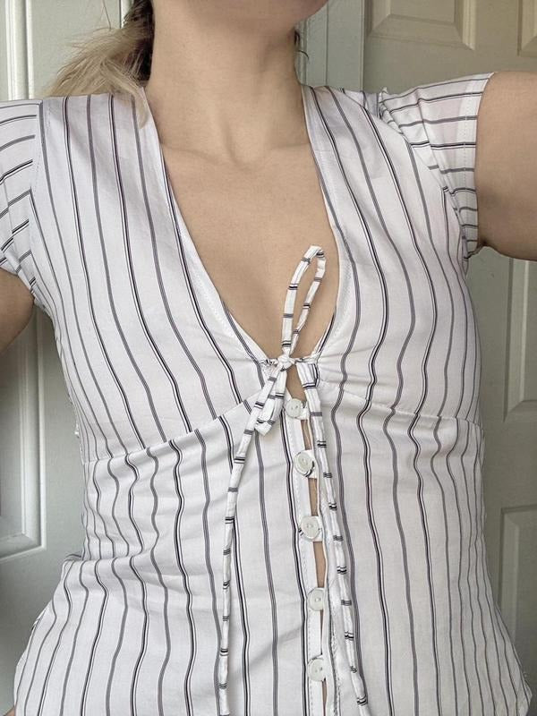 Striped V Neck Tie Front Button Women's Shirt, Casual Summer Short Sleeve Slim Fit Blouse for Stylish, Perfect for...