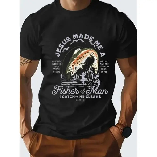 Stylish "And I Will Make You Fishers of Men" Graphic Tee - Short Sleeve Casual T-Shirts for Men
