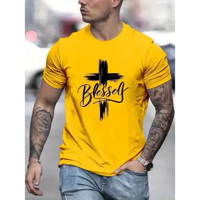 Stylish Blessed Graphic Print Tee Shirt - Men's Casual Short Sleeve Summer T-Shirts with Comfortable Fabric and Relaxed...