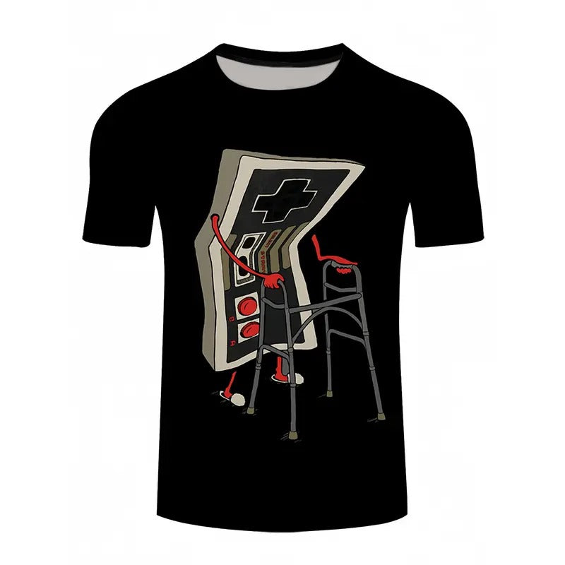 Stylish Cartoon Gamepad Print Crew Neck T-Shirt - Soft, Slight Stretch Polyester Fabric, Short Sleeve, Regular Fit, Hand...