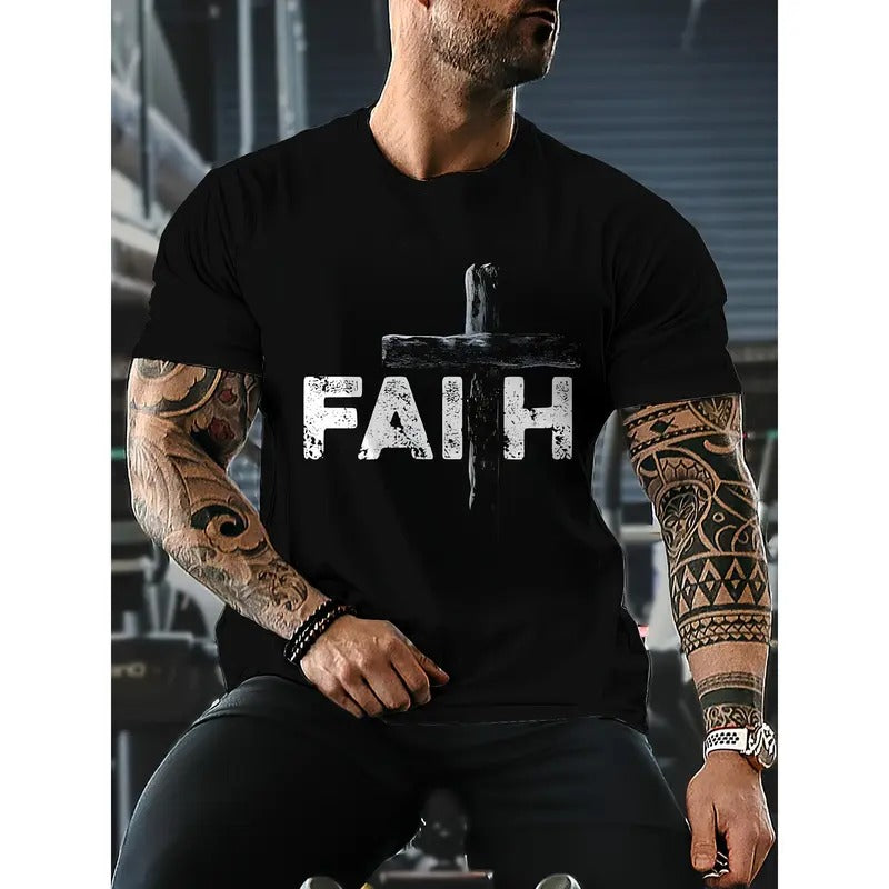 Stylish Faith Graphic Men's T-Shirt - Casual Short Sleeve Crew Neck Tee with Cross Print Design