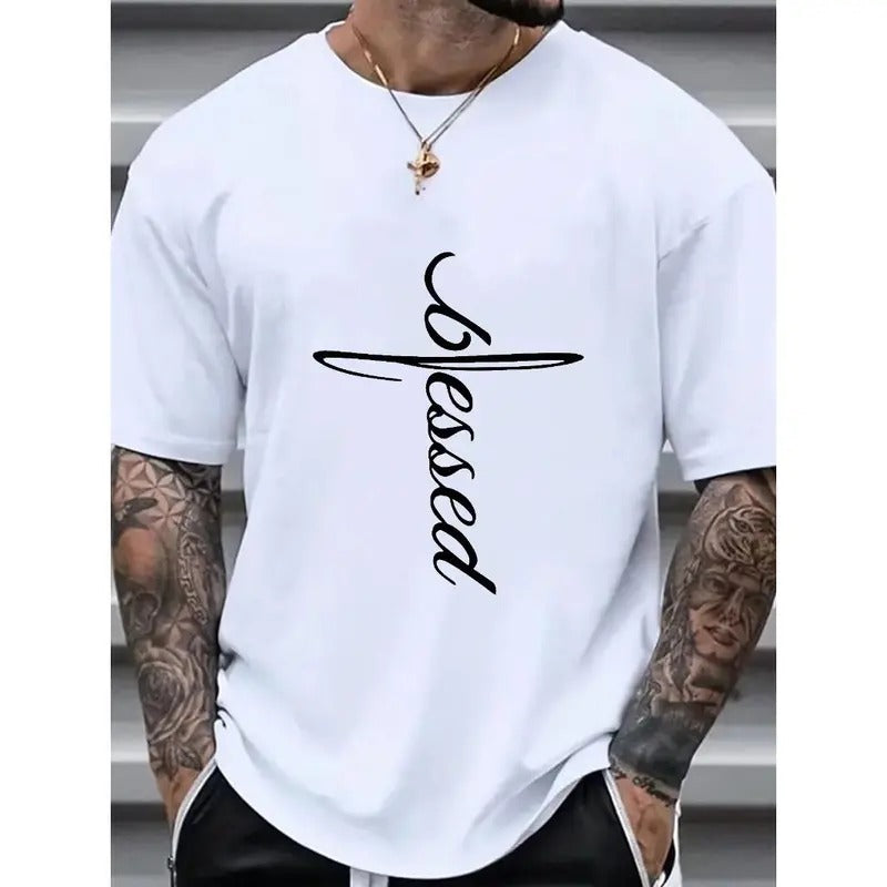 Stylistic T Shirt For Men, Plus Size Men Cross Shaped "Blessed" Letter Graphic Print T Shirt, Summer Trendy Short-sleeve...