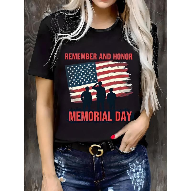 Patriotic Women's Round Neck Short Sleeve T-Shirt - "Remember and Honor" Memorial Day Design, Breathable & Light...