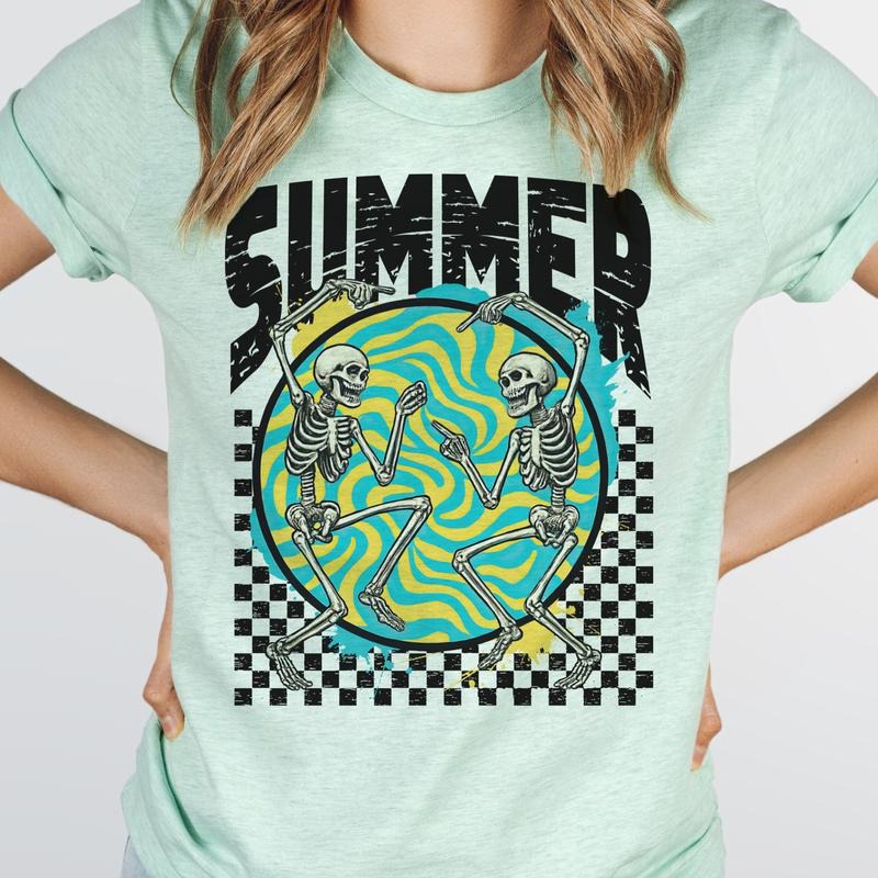 Summer Checkerboard Dancing Skeleton Retro Grunge Summer Skull Casual Short Sleeve Top T-Shirts, Hoodie, Sweatshirt