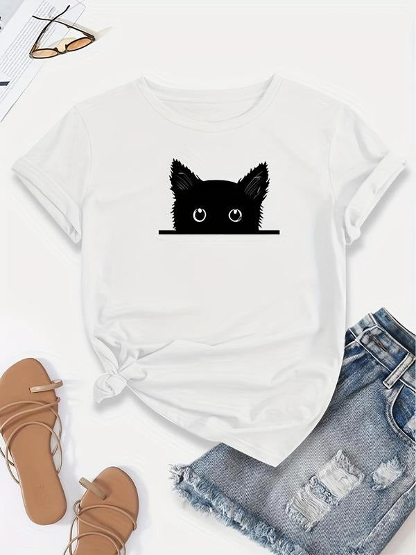 Summer Clothes Women's Cartoon Cat Print Round Neck Tee, Cute Graphic Short Sleeve T-Shirt for Summer, Women's Top for...