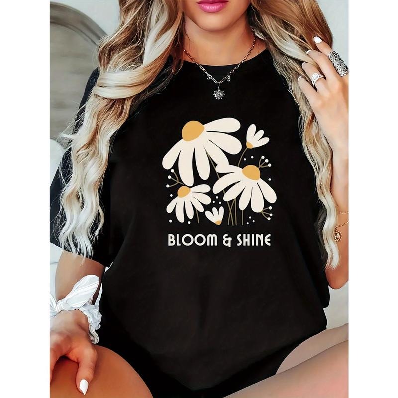 Women'S Plus Size Casual T-Shirt with Geometric Daisy Print, Polyester Blend, Slight Stretch, Crew Neck, Short Sleeve,...