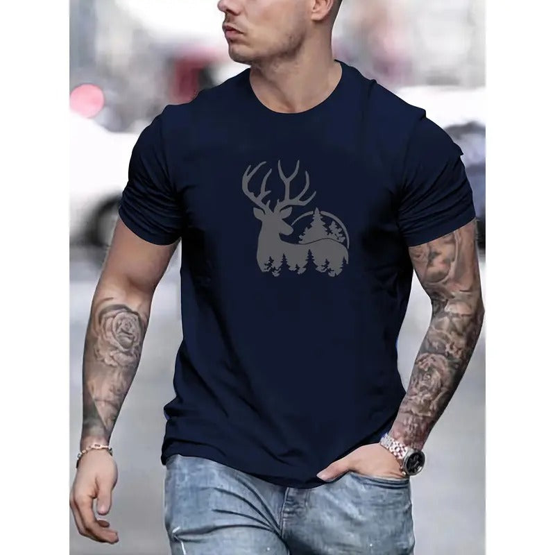 Summer Essential: Men's Slim Fit Short-sleeve Deer Print T-shirt, Casual Lightweight Round Neck Top for Comfortable Wear...