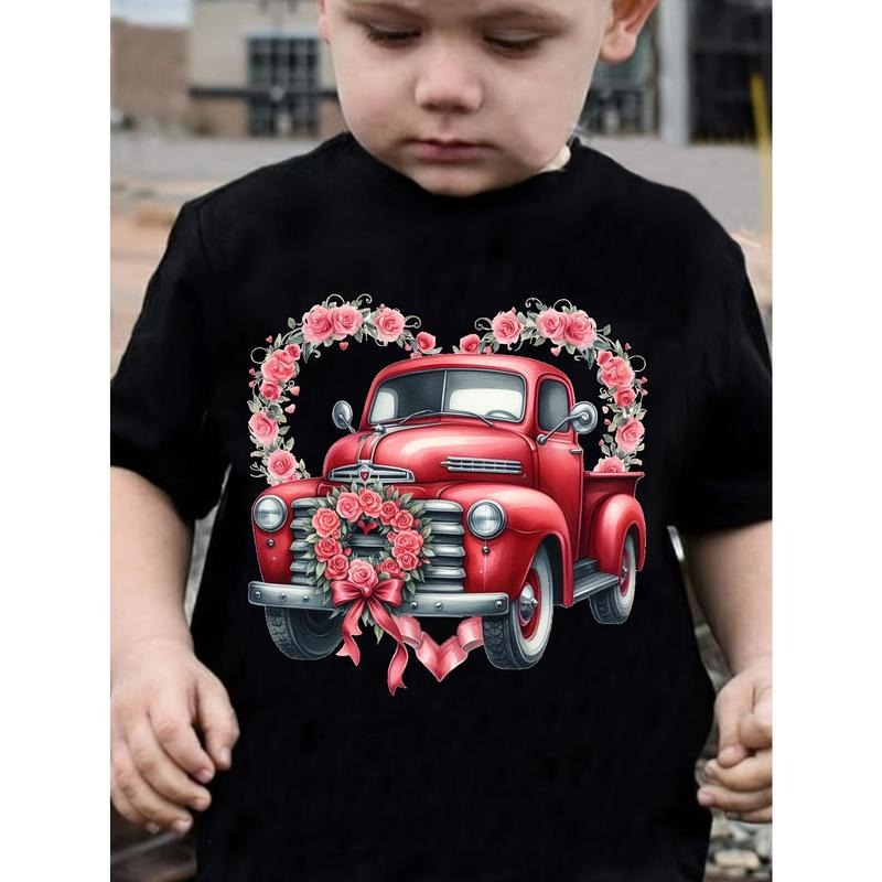 [Easy Care] Boys' Valentine's Day Red Truck & Heart Rose Graphic T-Shirt