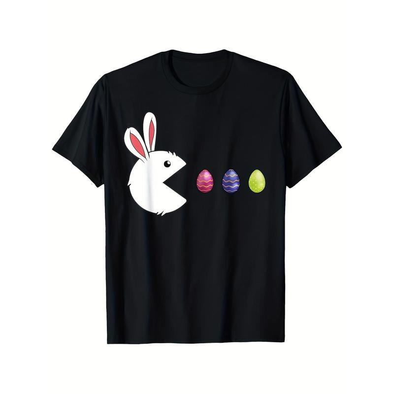 Easter Bunny And Egg Print T-Shirt - Fun Video Game Style Short Sleeve, Men'S Casual Black T-Shirt Spring/Summer Men'S...