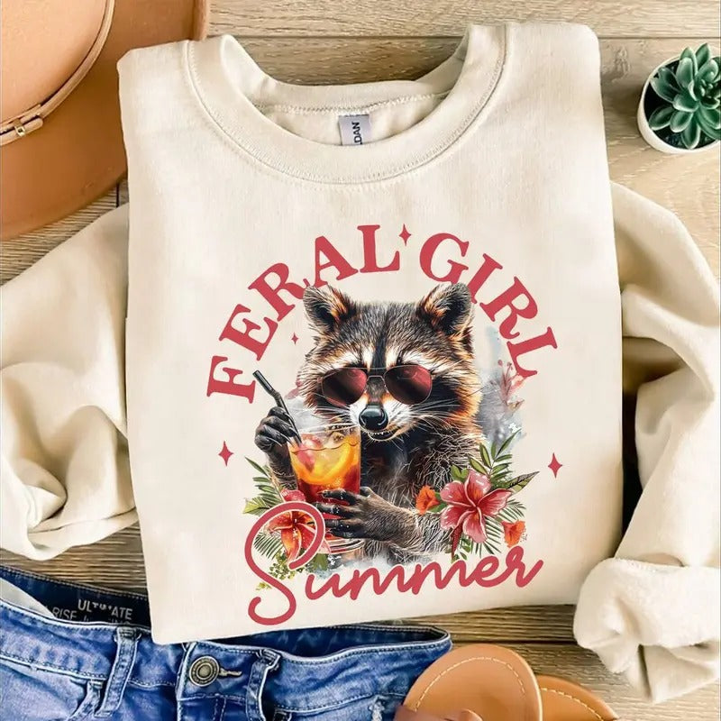 Summer Raccoon Sweatshirt Design Funny Feral Girl Beach Shirt Sublimation Design Sweater Feral Girl Summer Sweater Hoodie