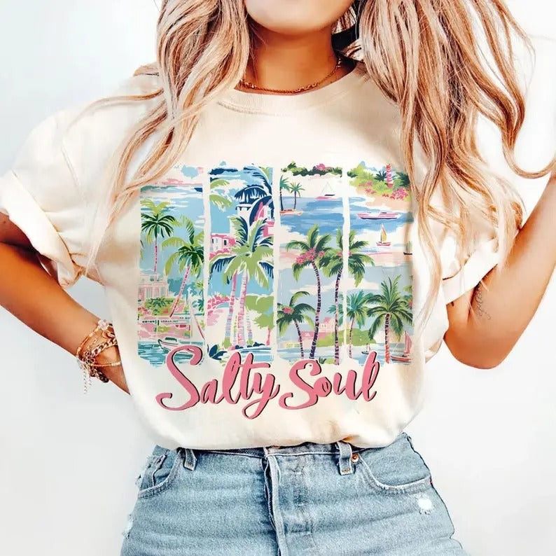 Summer Salty Soul Preppy Beach Tee, Beach vibes Brushstroke Aesthetic Summer Shirt, Trendy Summer Funny Sarcastic Gift...