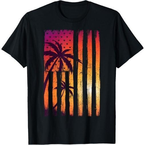 Summer Sunset Palm Trees American Flag Cool Spring Beach T-Shirt Made in USA Hoodie, Sweatshirt | HypeCrazeTee.com