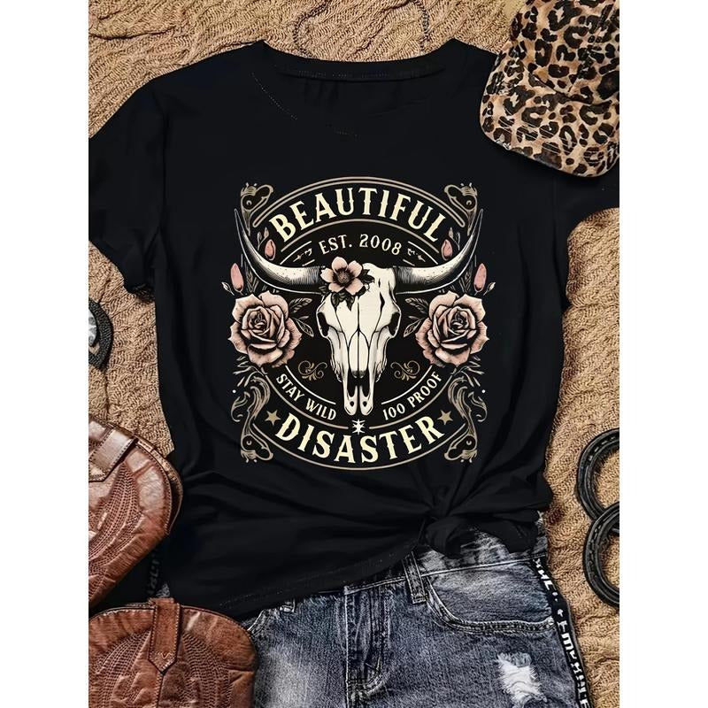 [100% Cotton] Women'S Western Cowboy Graphic T-Shirt - Black Short Sleeve Crew Neck Top With Bull Skull & Floral Design,...