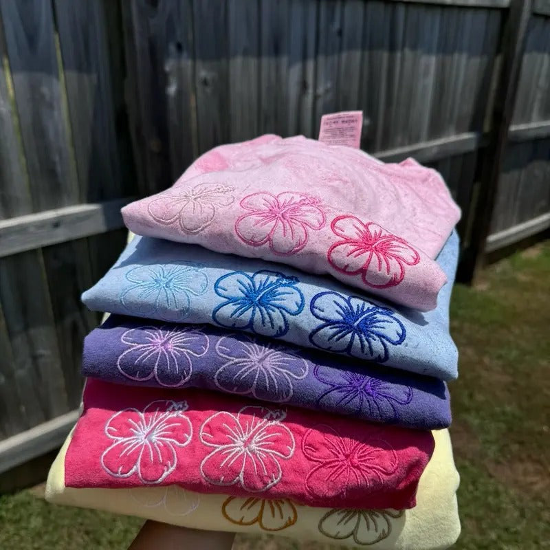 Summer Short Sleeve Comfortable Embroidered Hibiscus Flowers T-Shirts, Hoodie, Sweatshirt