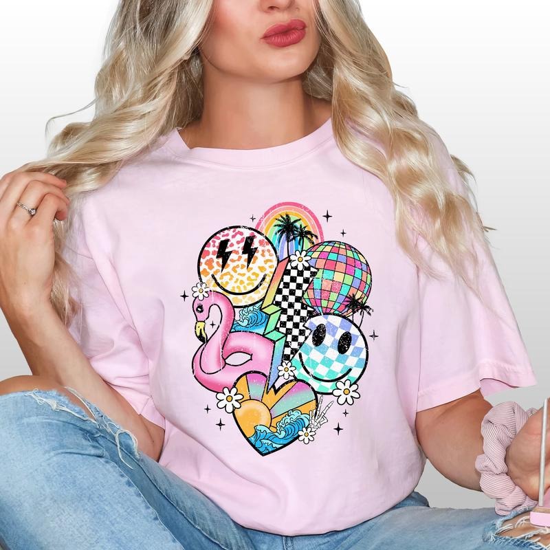 Summer Vibes Graphic Shirt, Vintage Hello Summer Tshirt, Retro Summer Tee, Smile Face Tee, Summer Vibes Tops For Women,...