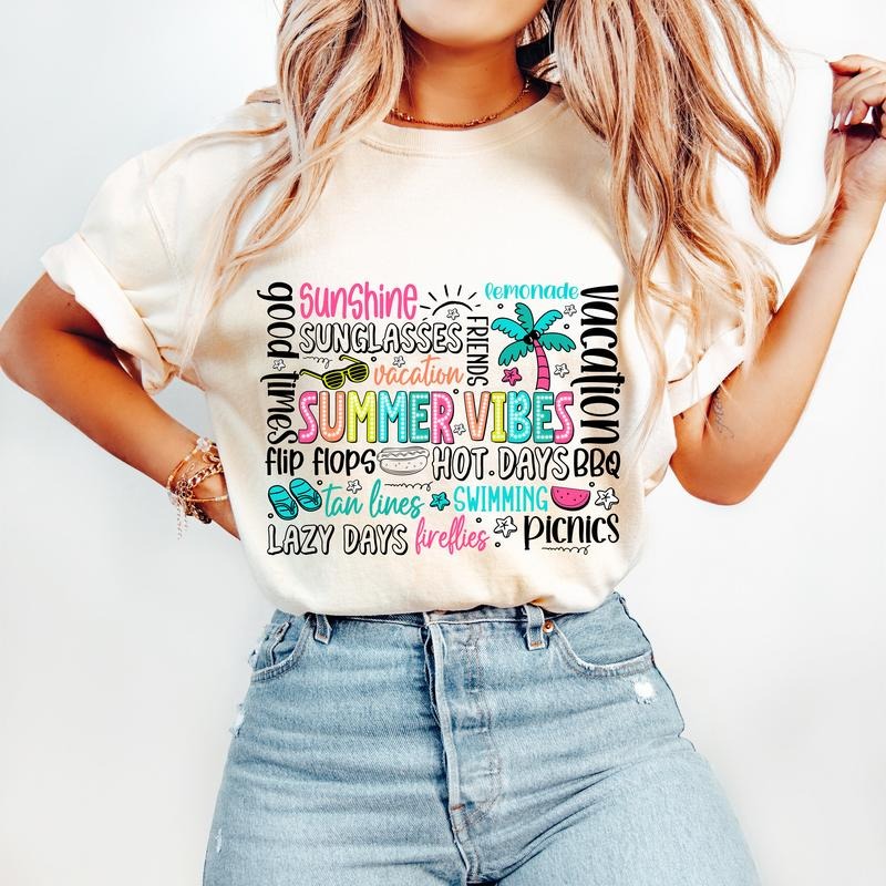 Summer Vibes Shirt Summer Bright Doodle Summer Quotes Hello Summer Beach Vacation Girls Trip Lake Days Trendy Mama ...