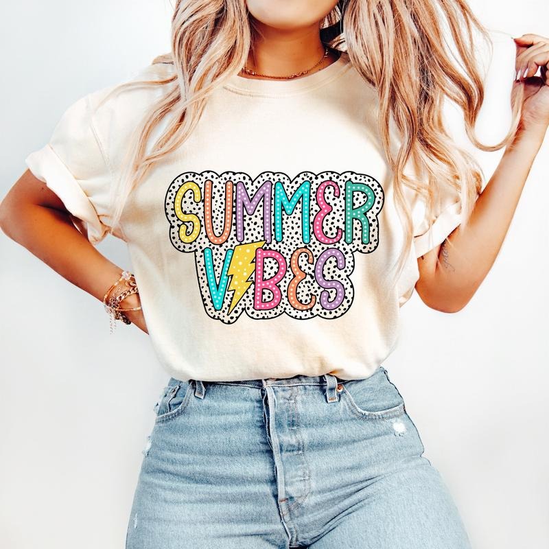 Summer Vibes T-Shirt, Summer T-Shirt, Bright Doodle, Dalmatian Dots, Retro Summer T-Shirt, Hello Summer T-Shirt, Beach...