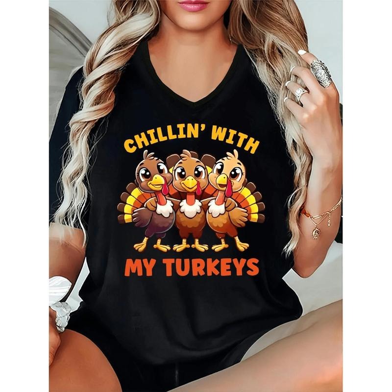 Plus Size, Plus Size Women's Funny Turkey & "Chillin' with My Turkeys" Thanksgiving T-Shirt - V-Neck Short Sleeve Casual...