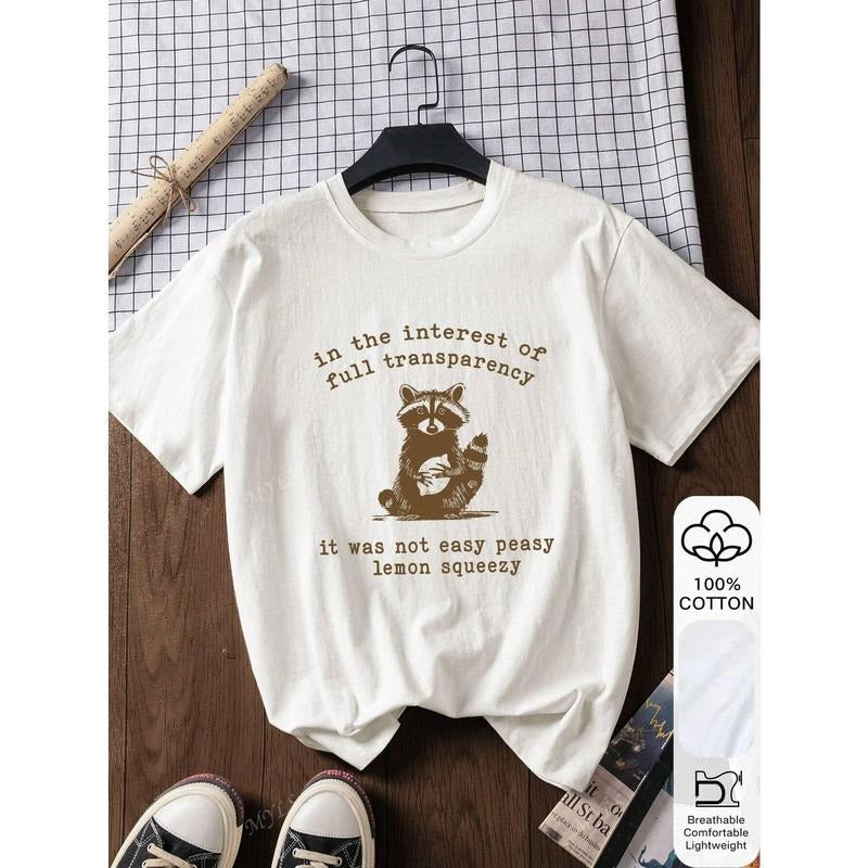 Summer Women's Loose T-Shirt, Raccoon & Letter Print, 100%Cotton White Short Sleeve Graphic Short Sleeve Hoodie, Sweatshirt