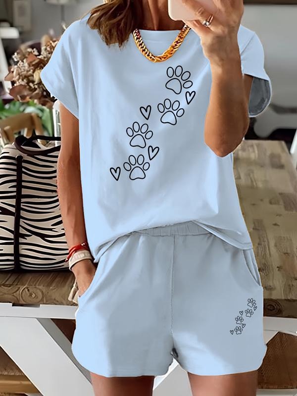 Summer Women's Short Sleeve Shorts Set, Cat and Dog Paw Print and Heart Pattern, Casual T-Shirt and Hotpants Hoodie,...