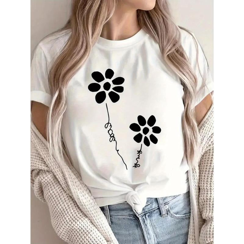 Women's White Cotton T-Shirt with Black Floral & Japanese Letter Graphic Print