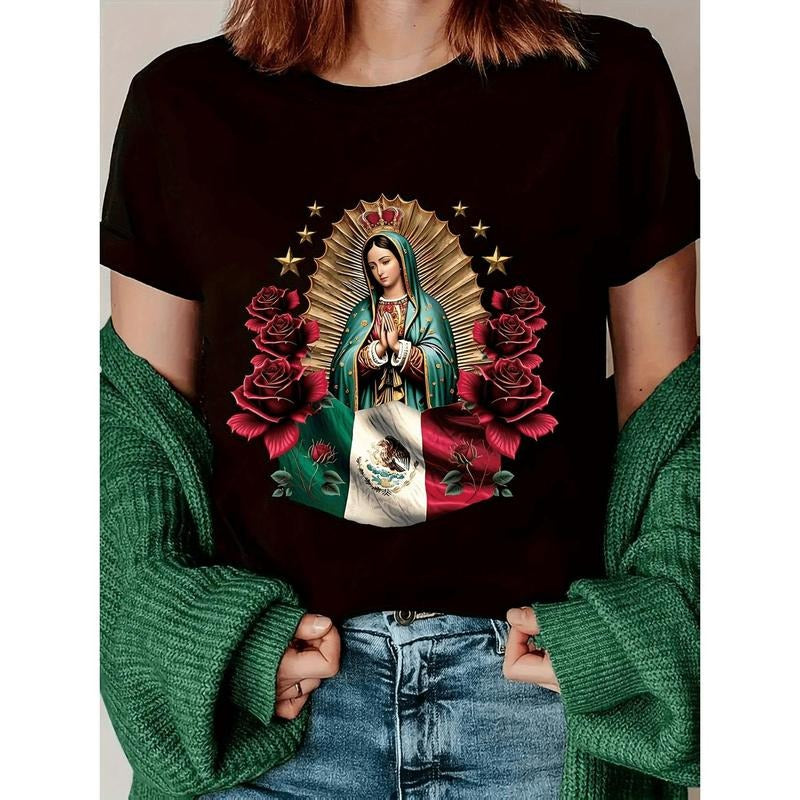 Women's Virgin Mary Mexican Folk Art Print T-Shirt
