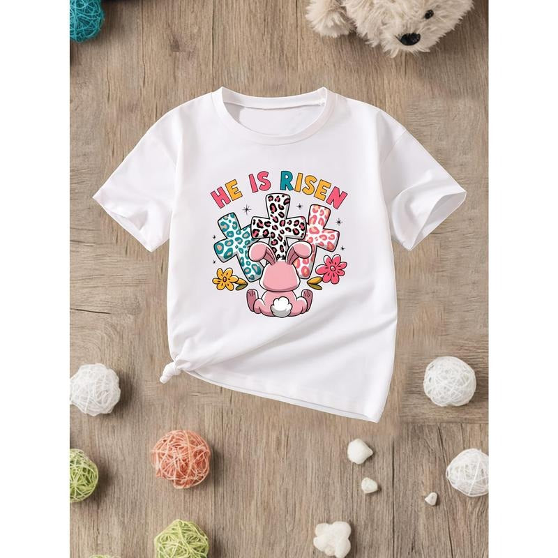 [Playful Charm] He is Risen" Easter Bunny Girls' T-Shirt - Casual Turquoise Polyester Tee with Colorful Cross & Floral...