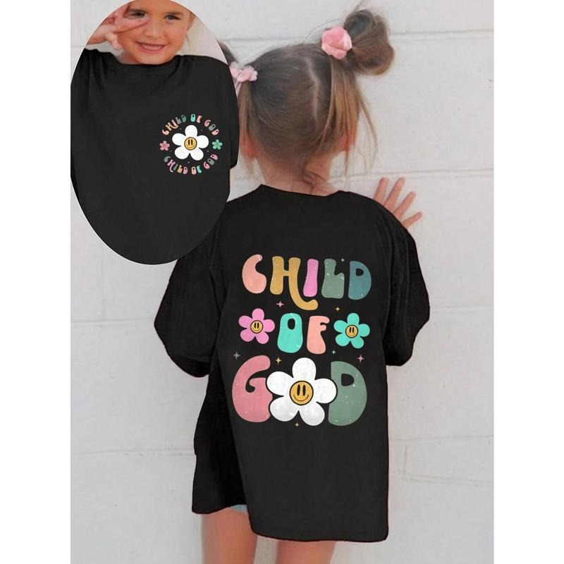 Baby Girl Casual Comfortable Minimalist Floral & Letter Print Short Sleeve T-Shirt, Spring/Summer Hoodie, Sweatshirt