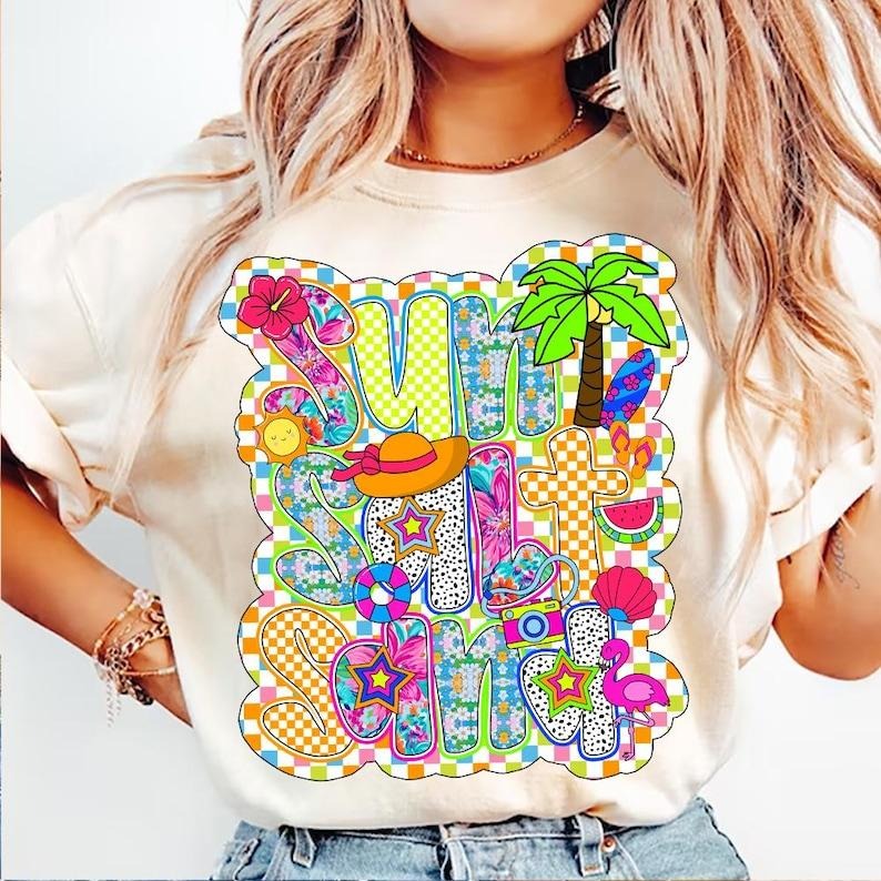 Sun Salt Sand Retro Beach Checkered Summer Beach Vibes Shirt T-Shirt Hoodie, Sweatshirt | HypeCrazeTee.com