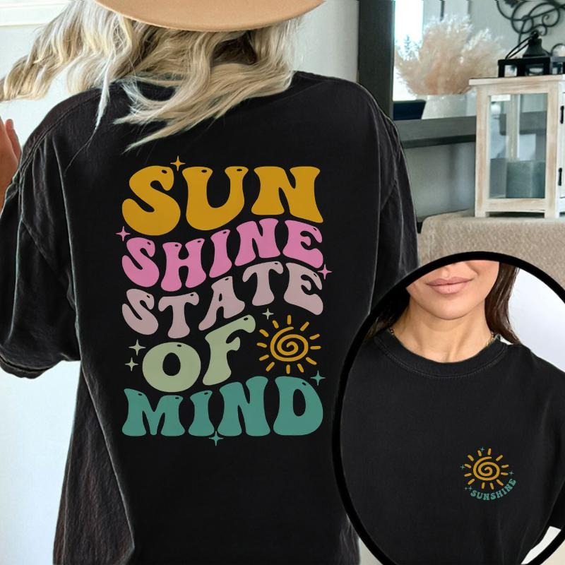 Sunshine State Of Mind Print T Shirt, Retro Summer Graphic Tops, Popular Trendy Summer Theme Shirts, Sunshine Preppy...