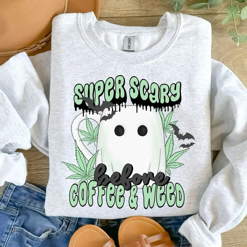 Super Scary Before Coffee and W33d - Ash Grey - Sublimation-  - Unisex Jersey Sweatshirt T-Shirts, Hoodie | HypeCrazeTee.com