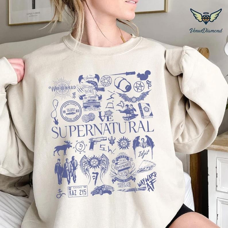 Supernatural Movie Vintage Doodle Art Blue Shirt | Supernatural Vintage Shirt | Dean Winchester Shirt | Winchester...