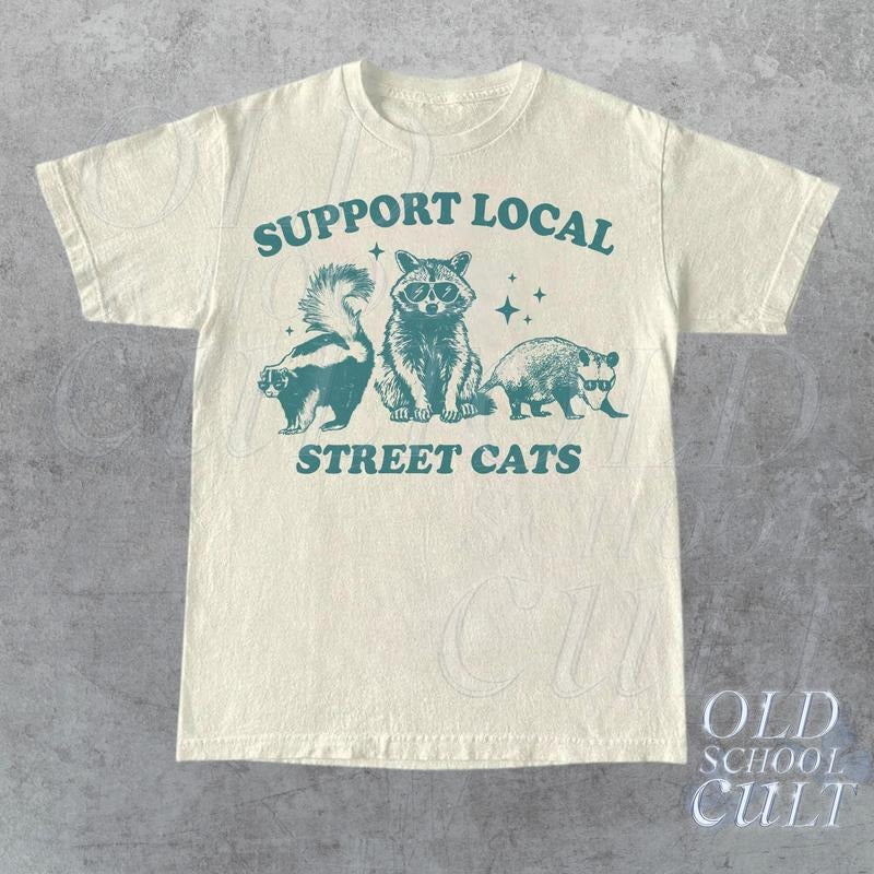 Support Your Local Street Cats Retro Vintage Raccoon Nostalgia Relaxed Cotton T-Shirts, Hoodie, Sweatshirt