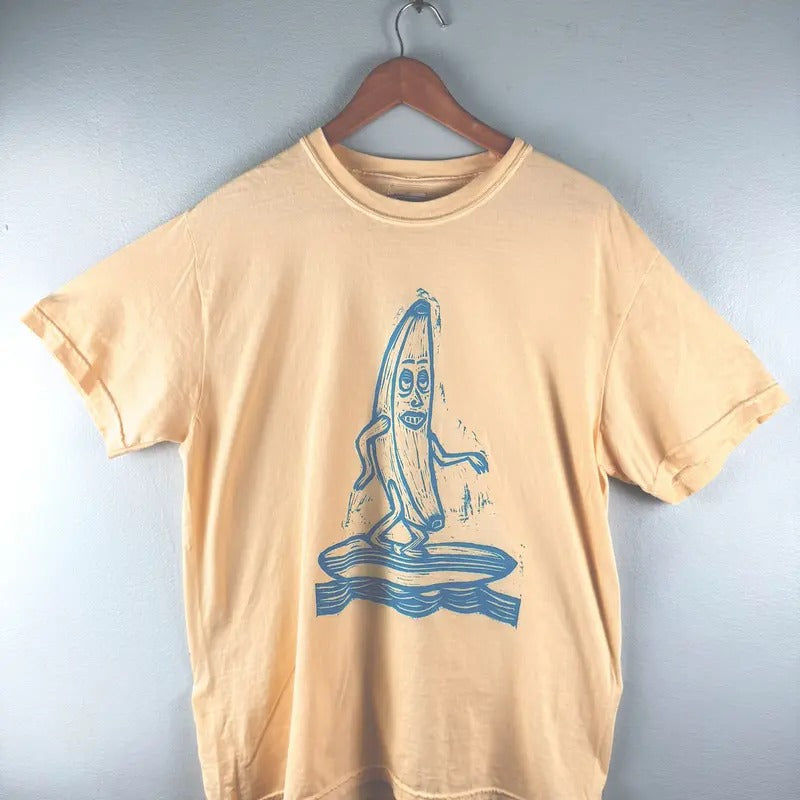 Surfing Banana  Woodblock Hand-Printed T-Shirt Cotton Menswear Top Graphics Minimalist Streetwear Casual Hoodie, Sweatshirt