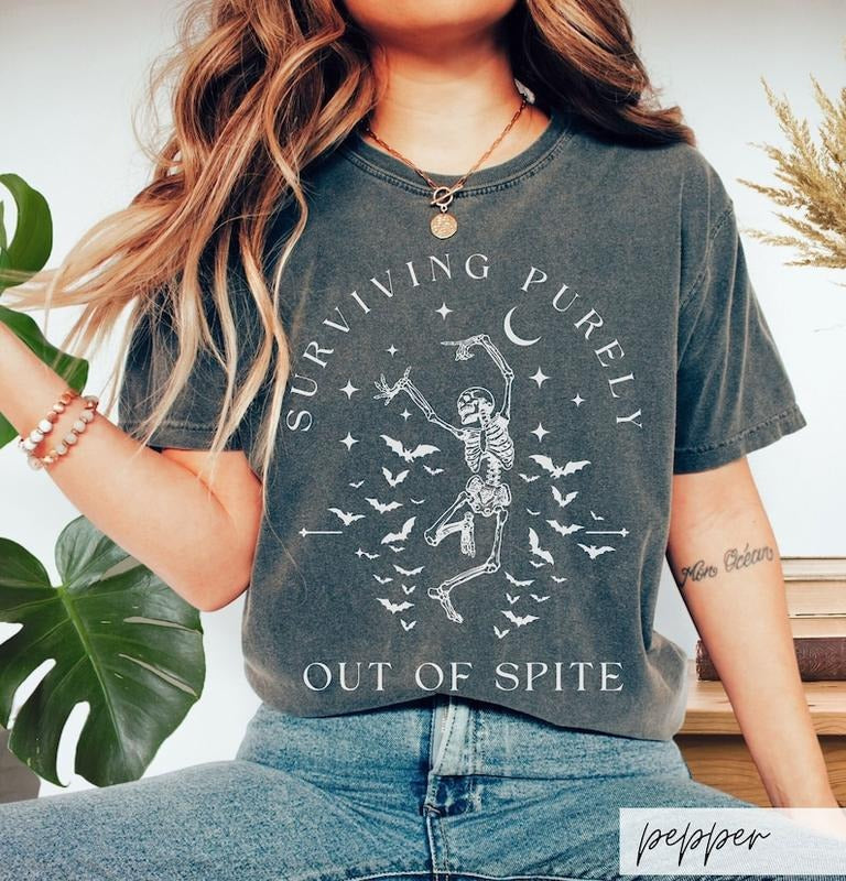 Surviving Purely out of Spite Shirt, Funny Goth Celestial Skeleton and Bats Shirt, Bat Lover Gothic Boho Garment Dyed ...